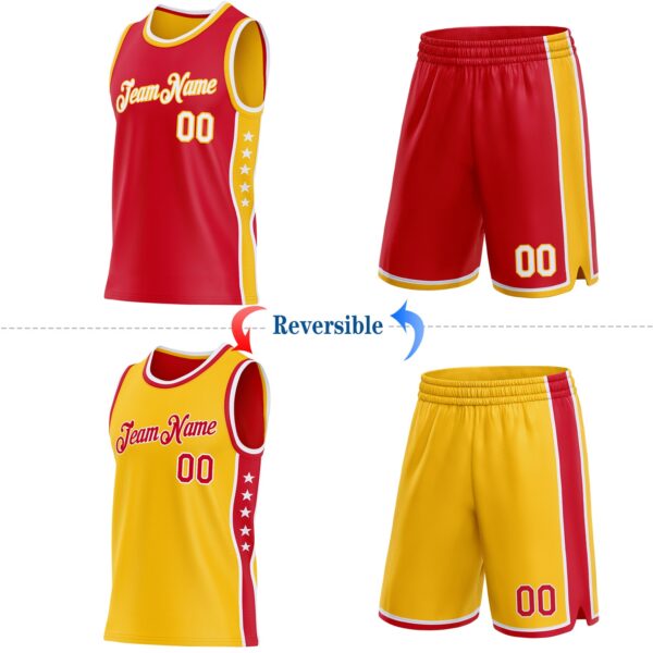 Custom Reversible Red White-Gold Double Side Star Sublimation Basketball Suit Jersey