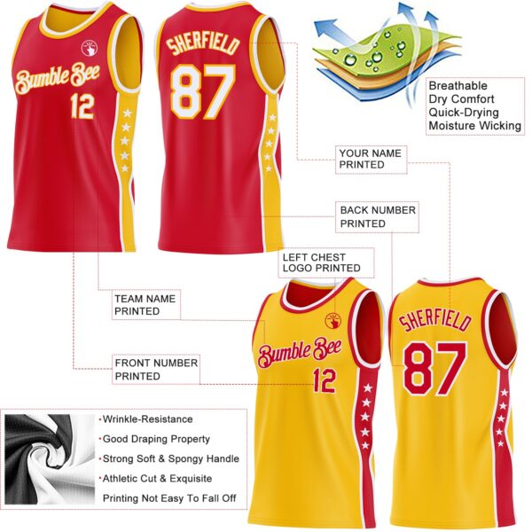 Custom Reversible Red White-Gold Double Side Star Sublimation Basketball Suit Jersey