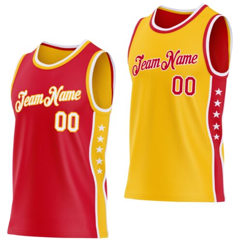 Custom Reversible Red White-Gold Double Side Star Sublimation Basketball Suit Jersey