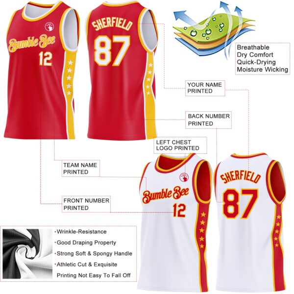Custom Reversible Red White-Gold Double Side Star Sublimation Basketball Suit Jersey