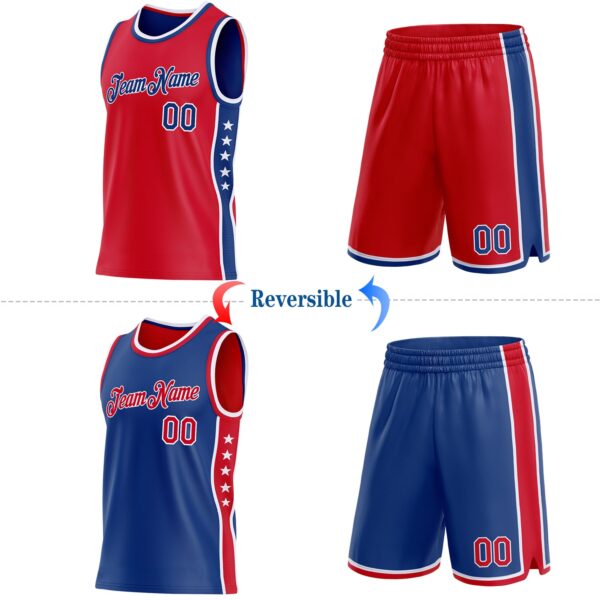 Custom Reversible Red Royal-White Double Side Star Sublimation Basketball Suit Jersey