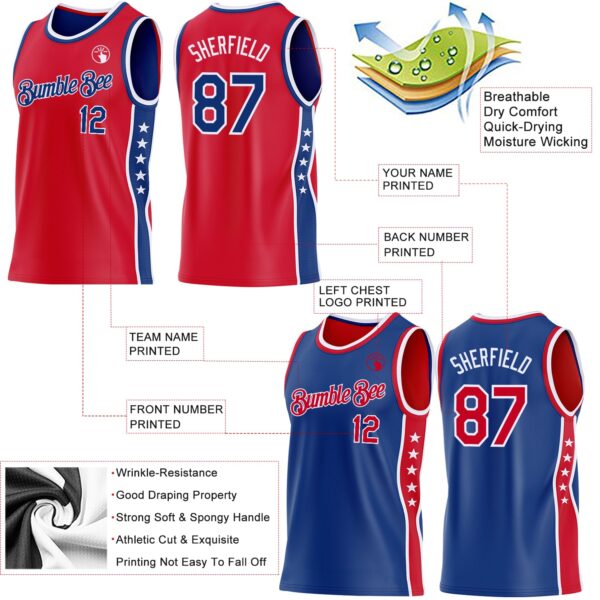 Custom Reversible Red Royal-White Double Side Star Sublimation Basketball Suit Jersey