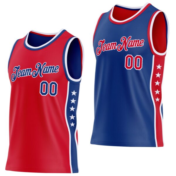 Custom Reversible Red Royal-White Double Side Star Sublimation Basketball Suit Jersey