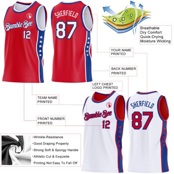 Custom Reversible Red White-Royal Double Side Star Sublimation Basketball Suit Jersey