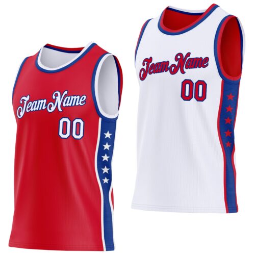 Custom Reversible Red White-Royal Double Side Star Sublimation Basketball Suit Jersey