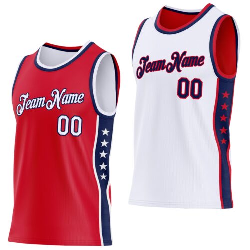 Custom Reversible Red White-Navy Double Side Star Sublimation Basketball Suit Jersey