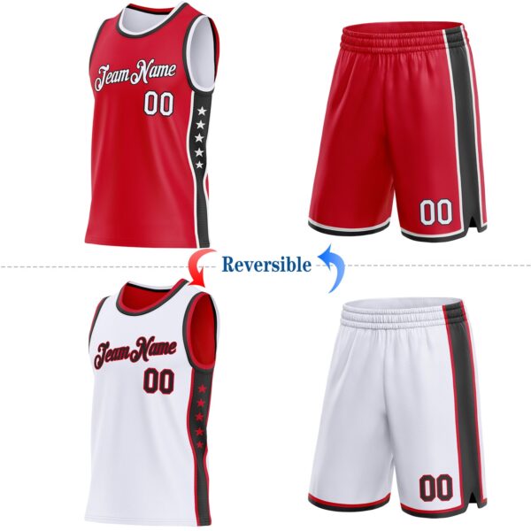 Custom Reversible Red White-Black Double Side Star Sublimation Basketball Suit Jersey