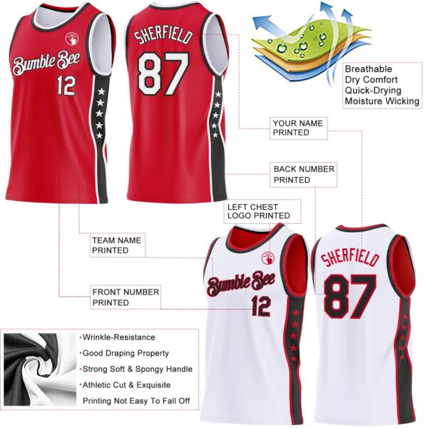 Custom Reversible Red White-Black Double Side Star Sublimation Basketball Suit Jersey