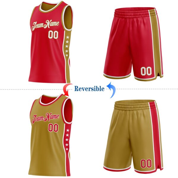 Custom Reversible Red White-Old Gold Double Side Star Sublimation Basketball Suit Jersey
