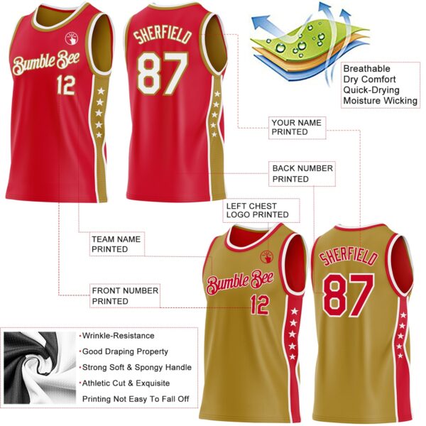 Custom Reversible Red White-Old Gold Double Side Star Sublimation Basketball Suit Jersey