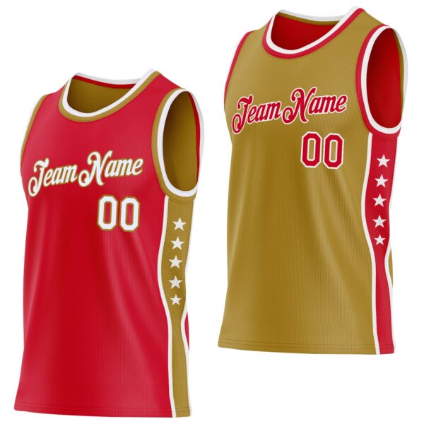 Custom Reversible Red White-Old Gold Double Side Star Sublimation Basketball Suit Jersey