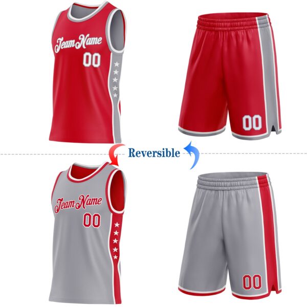 Custom Reversible Red White-Gray Double Side Star Sublimation Basketball Suit Jersey
