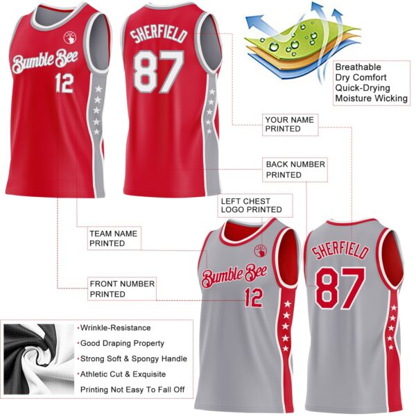Custom Reversible Red White-Gray Double Side Star Sublimation Basketball Suit Jersey