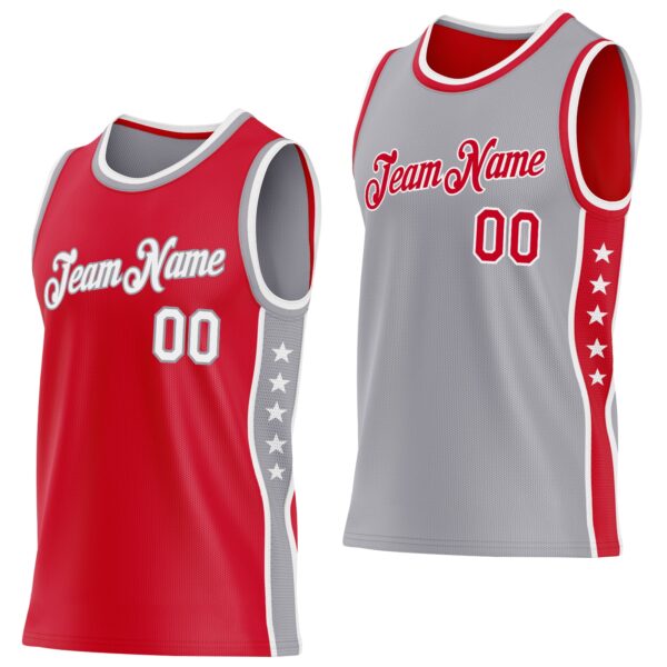 Custom Reversible Red White-Gray Double Side Star Sublimation Basketball Suit Jersey
