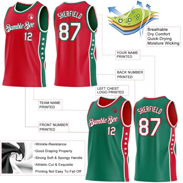 Custom Reversible Red White-Kelly Green Double Side Star Sublimation Basketball Suit Jersey