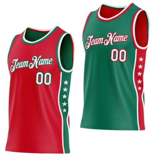ReversibleD0390 Custom Reversible Red White-Kelly Green Double Side Star Sublimation Basketball Suit Jersey