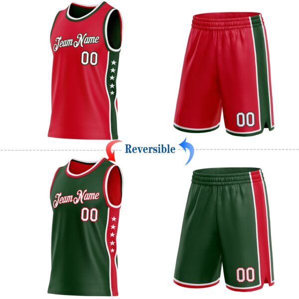 Custom Reversible Red White-Green Double Side Star Sublimation Basketball Suit Jersey