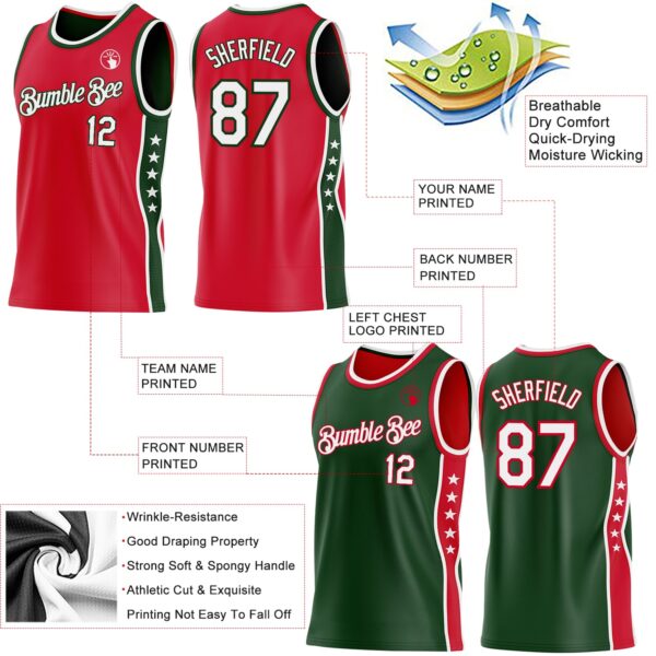 Custom Reversible Red White-Green Double Side Star Sublimation Basketball Suit Jersey