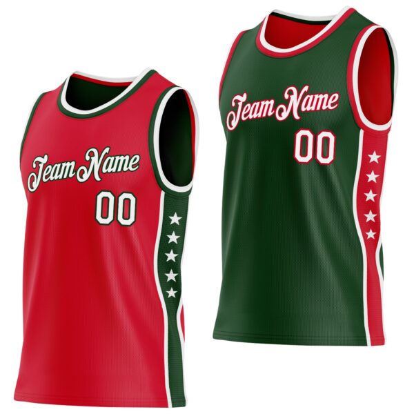Custom Reversible Red White-Green Double Side Star Sublimation Basketball Suit Jersey