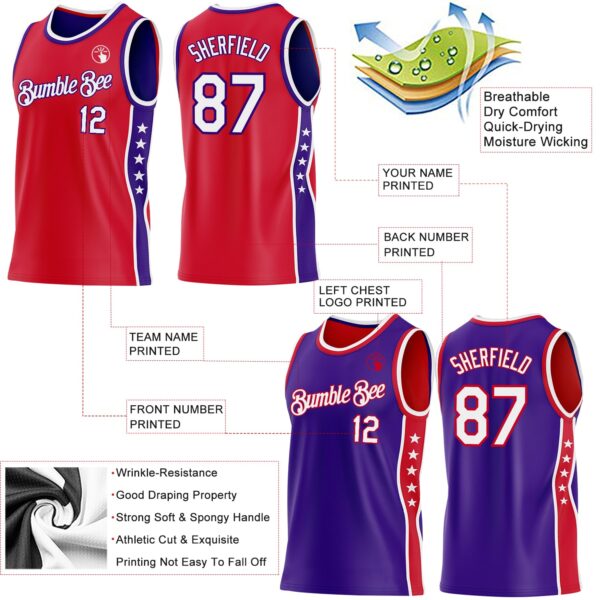Custom Reversible Red White-Purple Double Side Star Sublimation Basketball Suit Jersey