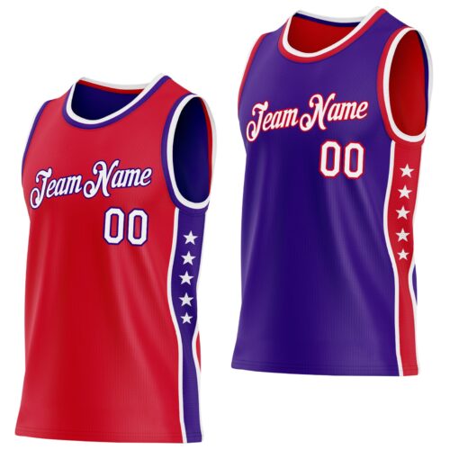 Custom Reversible Red White-Purple Double Side Star Sublimation Basketball Suit Jersey