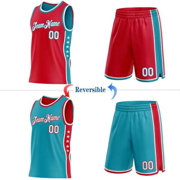 Custom Reversible Red White-Teal Double Side Star Sublimation Basketball Suit Jersey