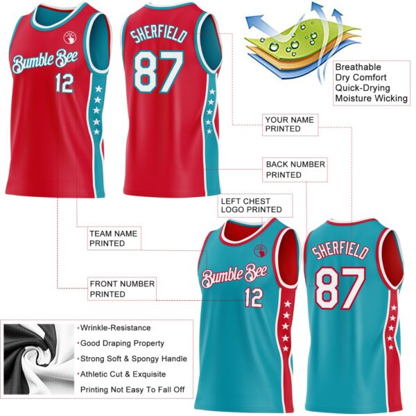 Custom Reversible Red White-Teal Double Side Star Sublimation Basketball Suit Jersey