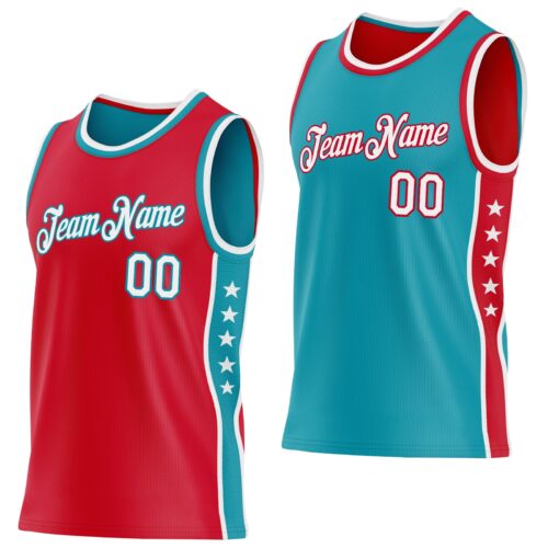 Custom Reversible Red White-Teal Double Side Star Sublimation Basketball Suit Jersey