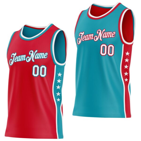 Custom Reversible Red White-Teal Double Side Star Sublimation Basketball Suit Jersey