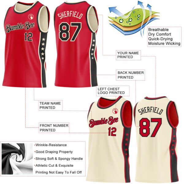 Custom Reversible Red Black-Cream Double Side Star Sublimation Basketball Suit Jersey