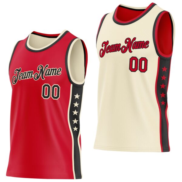 Custom Reversible Red Black-Cream Double Side Star Sublimation Basketball Suit Jersey