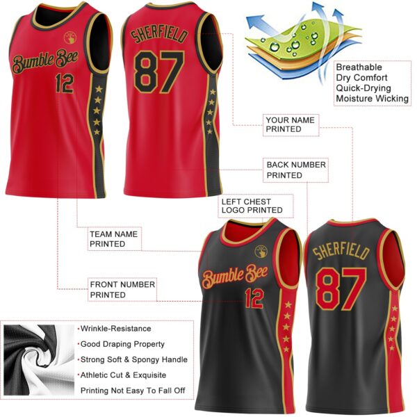 Custom Reversible Red Black-Old Gold Double Side Star Sublimation Basketball Suit Jersey