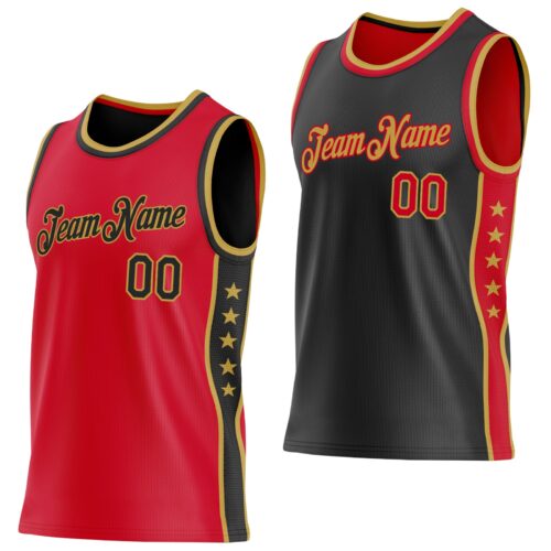 ReversibleD0396 Custom Reversible Red Black-Old Gold Double Side Star Sublimation Basketball Suit Jersey