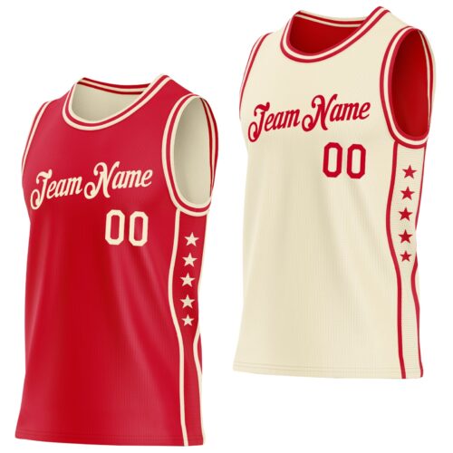 Custom Reversible Red Cream Double Side Star Sublimation Basketball Suit Jersey