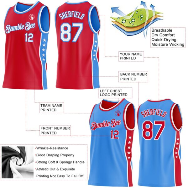 Custom Reversible Red White-Powder Blue Double Side Star Sublimation Basketball Suit Jersey