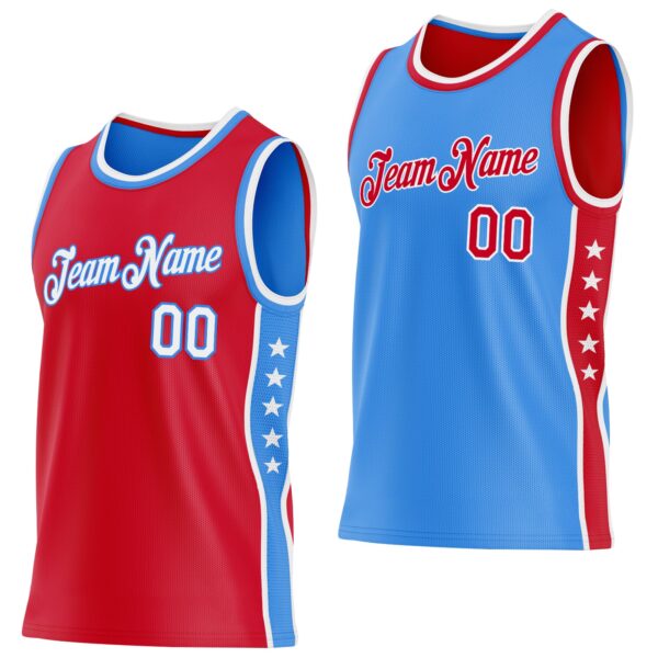 Custom Reversible Red White-Powder Blue Double Side Star Sublimation Basketball Suit Jersey