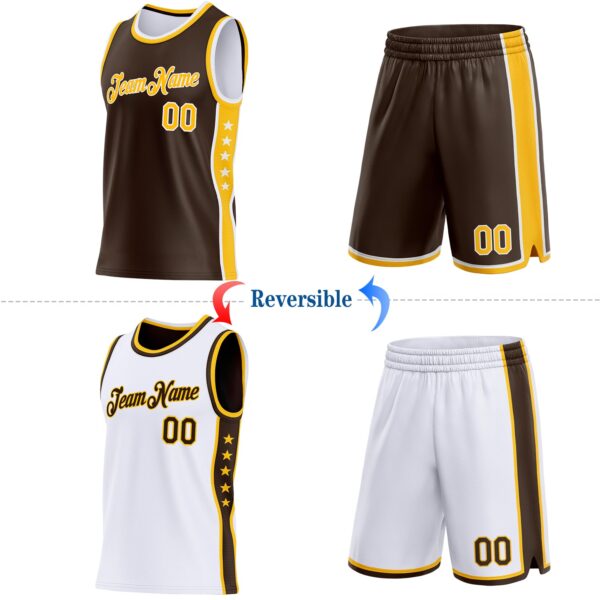 Custom Reversible Brown Gold-White Double Side Star Sublimation Basketball Suit Jersey