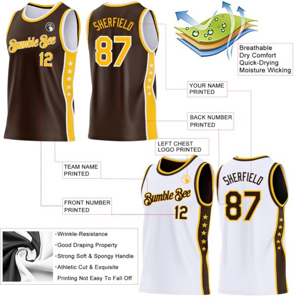 Custom Reversible Brown Gold-White Double Side Star Sublimation Basketball Suit Jersey