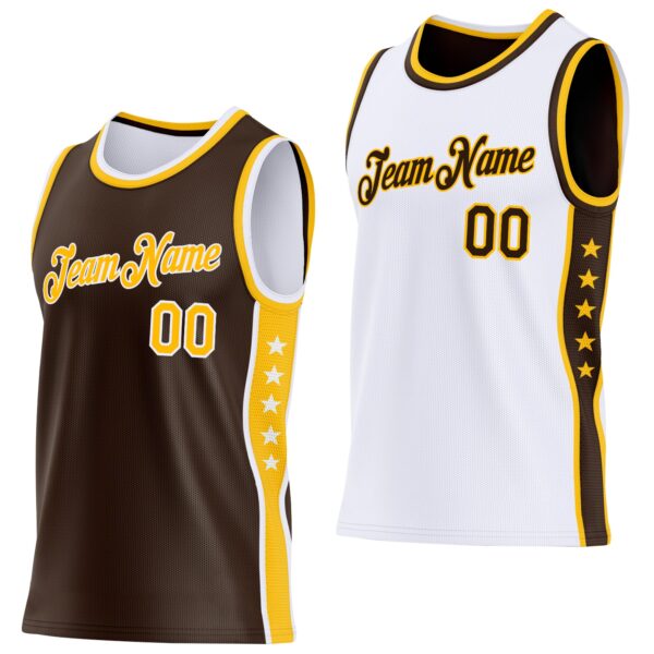 Custom Reversible Brown Gold-White Double Side Star Sublimation Basketball Suit Jersey