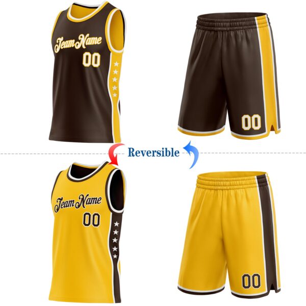 Custom Reversible Brown White-Gold Double Side Star Sublimation Basketball Suit Jersey