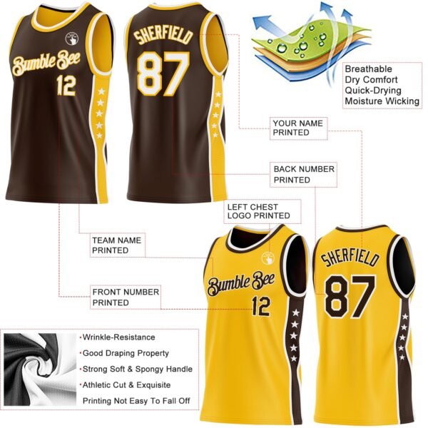 Custom Reversible Brown White-Gold Double Side Star Sublimation Basketball Suit Jersey