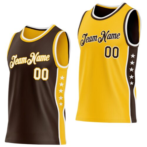 ReversibleD0400 Custom Reversible Brown White-Gold Double Side Star Sublimation Basketball Suit Jersey