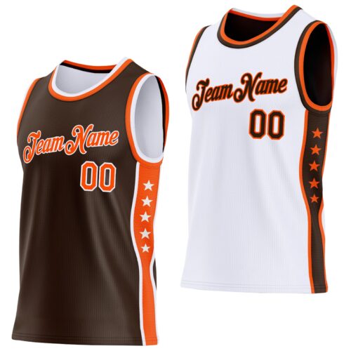ReversibleD0401 Custom Reversible Brown Orange-White Double Side Star Sublimation Basketball Suit Jersey