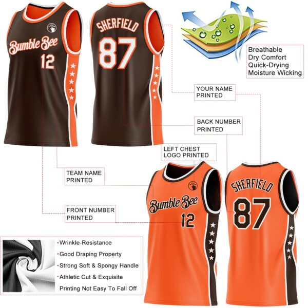 Custom Reversible Brown White-Orange Double Side Star Sublimation Basketball Suit Jersey