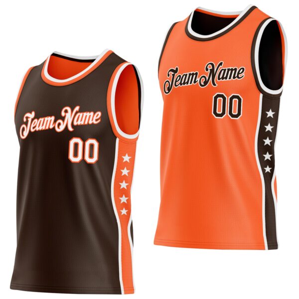 Custom Reversible Brown White-Orange Double Side Star Sublimation Basketball Suit Jersey