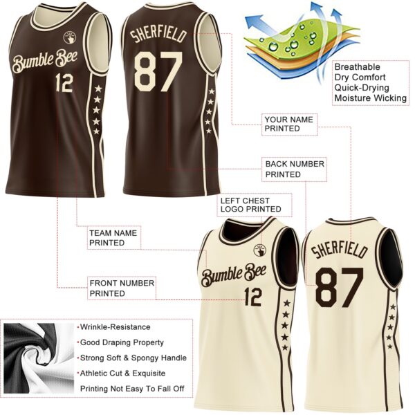Custom Reversible Brown Cream Double Side Star Sublimation Basketball Suit Jersey