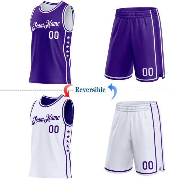 Custom Reversible Purple White Double Side Star Sublimation Basketball Suit Jersey