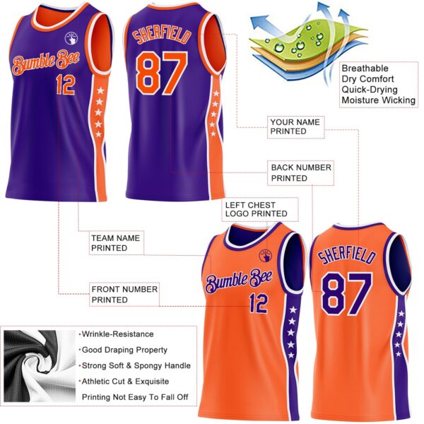 Custom Reversible Purple Orange-White Double Side Star Sublimation Basketball Suit Jersey