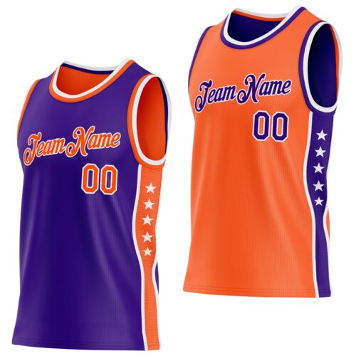 Custom Reversible Purple Orange-White Double Side Star Sublimation Basketball Suit Jersey