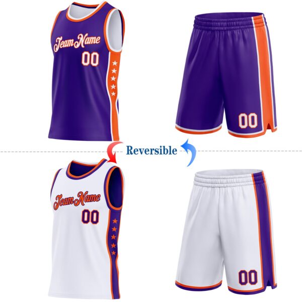 Custom Reversible Purple White-Orange Double Side Star Sublimation Basketball Suit Jersey